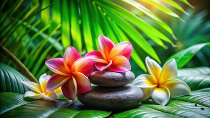 Colorful frangipani flowers with a Zen stone in the center surrounded by lush greenery and tropical leaves, plants