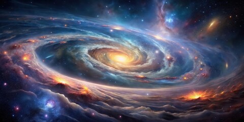 Swirling clouds of interstellar gas and dust forming a cosmic cradle with nascent stars and galaxies emerging from the void, star birth, celestial