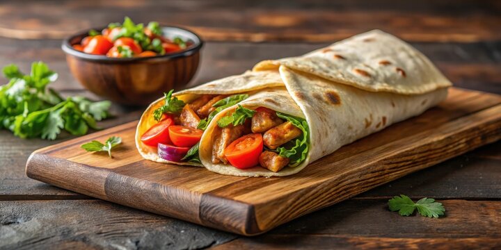 Sizzling chicken kati roll with spicy filling on a wooden cutting board , spicy, meat,  spicy, meat, delicious, roll