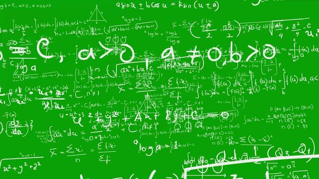 Math formula animation in green screen background, animated camera passing math and physics formulas suitable for footage about, ideas, thinking hard, studying, and school
