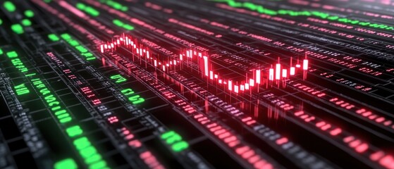 Fototapeta premium Stock Market Data Visualization: Red Candlestick Chart on Electronic Display