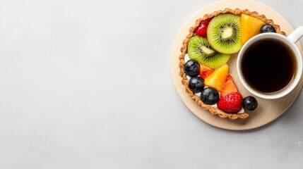 Morning Luxury: Colorful Fruit Tart Paired with English Breakfast Tea - Premium Taste of Luxury Desserts with Copy Space for Text