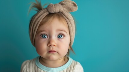 Adorable Baby Girl with Big Blue Eyes and Headband on Turquoise Background