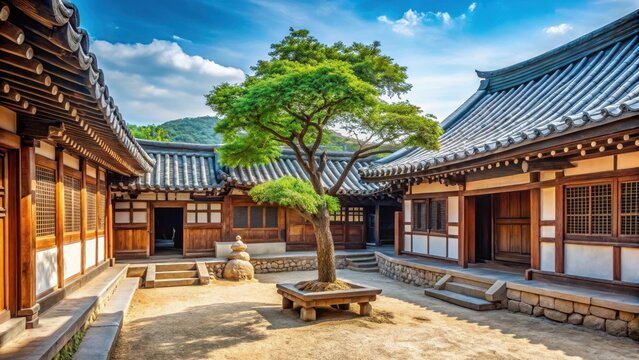 Traditional Korean courtyard with a small tree and eastern dormitory in Byeongsan Seowon architecture