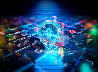 Fototapeta premium Glowing location pin icon illuminates a digital puzzle, creating a futuristic tech and cyberspace concept with vibrant neon colors.