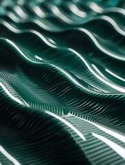 Futuristic dark green metallic surface with smooth, undulating waves and reflective highlights, creating a high-tech abstract background with a sleek, luxurious, and modern aesthetic.


