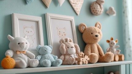 Child's room shelf with stuffed animals and artwork, pastel decor