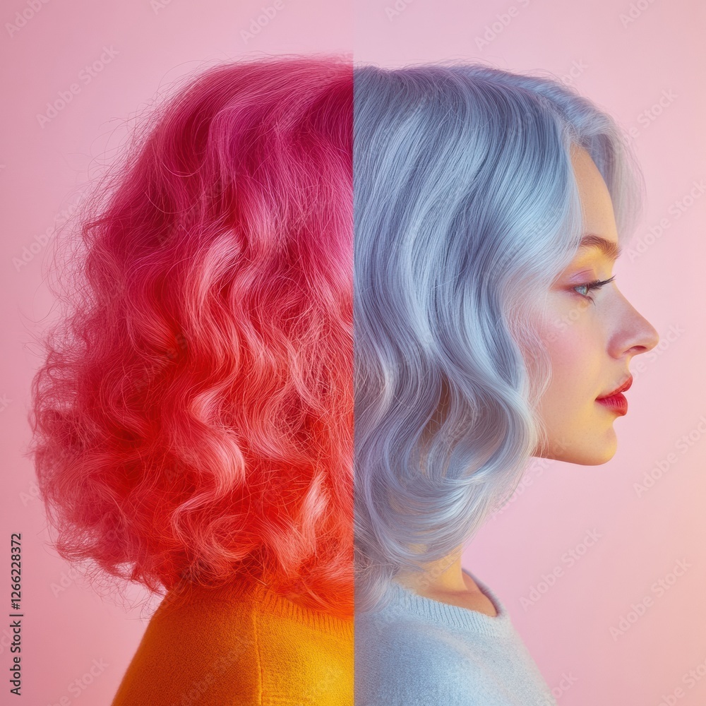 Poster transformation from gray hair to vibrant color in a stunning side by side display showcasing persona