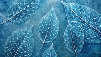 Obraz premium Soft minimalist blue cyanotype leaf patterns with delicate veins and subtle texture, Branding Elements, Leaf Patterns