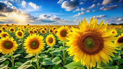 Obraz premium A sea of bright yellow flowers with dark centers sprawling across a lush green meadow under a clear blue sky, sunlight filtering through the petals , sunflowers blooming, sunny day