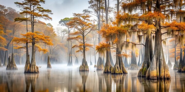 Dense mist surrounds twisted cypress trees in a desolate swamp , forest, autumn leaves,  forest, autumn leaves