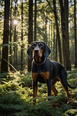 A dog stands majestically in a sunlit forest, surrounded by ferns and trees.