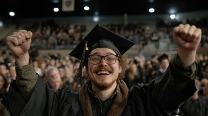 Fototapeta premium A cheerful graduate raises both fists in triumph, beaming with joy among a crowd of fellow graduates celebrating their accomplishments during a commencement event at an arena