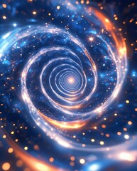 Futuristic glowing space vortex with swirling blue and gold lights, representing a time warp, wormhole, or portal to another dimension, symbolizing deep space, physics, and sci-fi exploration.

