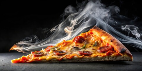 Sizzling hot pizza slice on black background with fiery flames and wispy smoke tendrils surrounding it , hot pizza, smok, hot pizza, smok