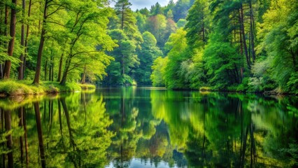 Fototapeta premium A serene still water body reflecting the beauty of surrounding dense greenery and tall trees with vibrant foliage, forest scenery, landscape photography