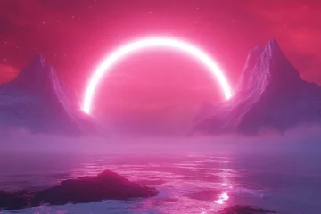 Pink Neon Mountainscape: A surreal, dreamy landscape with glowing pink neon ring and misty mountains reflecting on a calm lake.