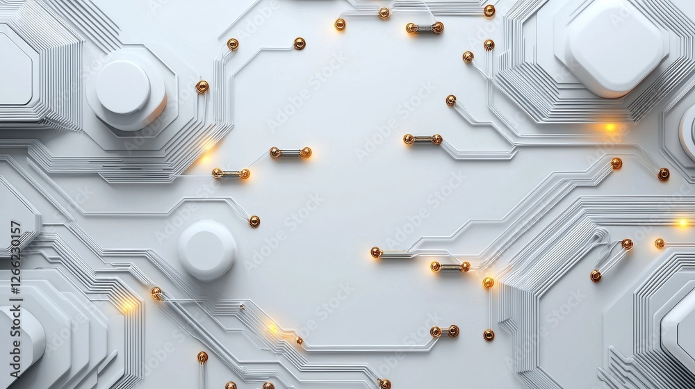 Poster a white background with a lot of gold and white squares and circles