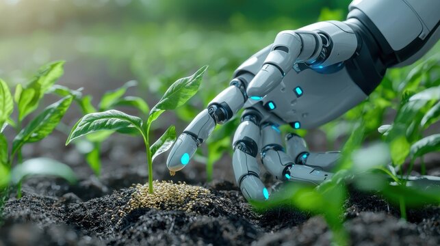A robot is planting a seed in the dirt - Powered by Adobe