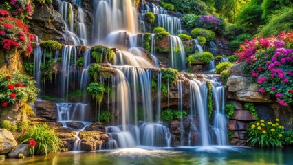 Naklejka premium Waterfall cascade on rocky cliffs with lush greenery and vibrant flowers