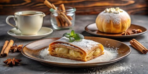 A delectable pastry, dusted with powdered sugar and garnished with a sprig of mint, rests on a rustic plate alongside a warm beverage and a sweet pumpkin-shaped treat, creating a cozy autumnal scene.