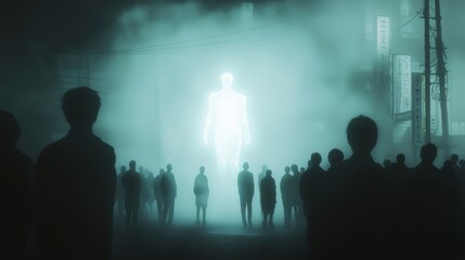 Fototapeta premium a bright figure emanating light stands among shadows. surreal illustration with a mysterious atmosphere.