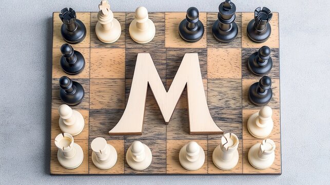 Wooden Chessboard Letter M Strategy Game Top View