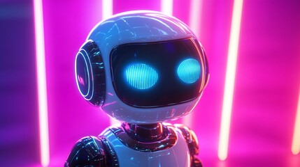 Futuristic robot with glowing eyes in a neon-lit environment, showcasing advanced technology