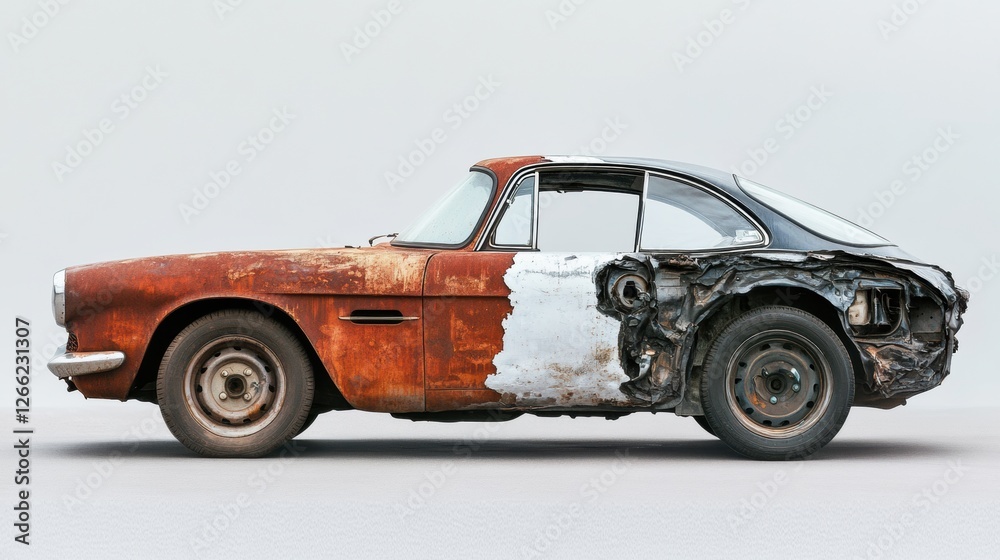 Poster Side by side comparison of a dented, rusted car and a perfectly restored vehicle showing transformation and repair success. Generative AI