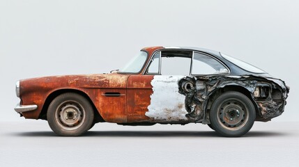 Side by side comparison of a dented, rusted car and a perfectly restored vehicle showing transformation and repair success. Generative AI