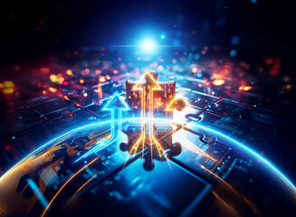 Obraz premium A glowing puzzle piece with arrows is centered on a circuit board surface. Bright blue light and orange flares emanate in a futuristic technology scene.