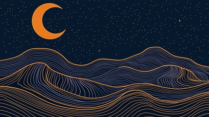 Abstract landscape with moon and stars in dark blue night sky