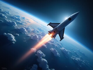 Obraz premium Spaceship ascending into orbit, leaving Earth's atmosphere behind