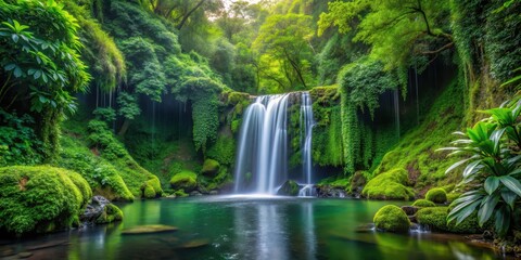 Dense foliage surrounded by vines and moss, with a serene waterfall cascading down into a tranquil pool