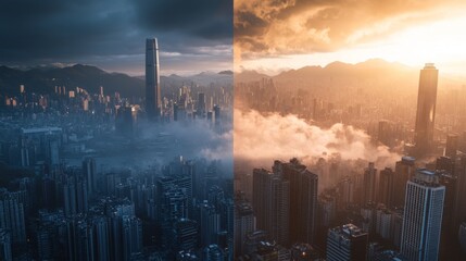 Fototapeta premium Environmental contrast concept with one half of the city engulfed in smog and the other half under a bright, pollution-free sky, copy space