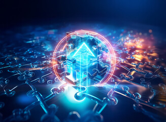 Naklejka premium Glowing arrow ascends in a luminous circle, encircled by interconnected chains. Blue and orange lights enhance the scene, representing advancement.