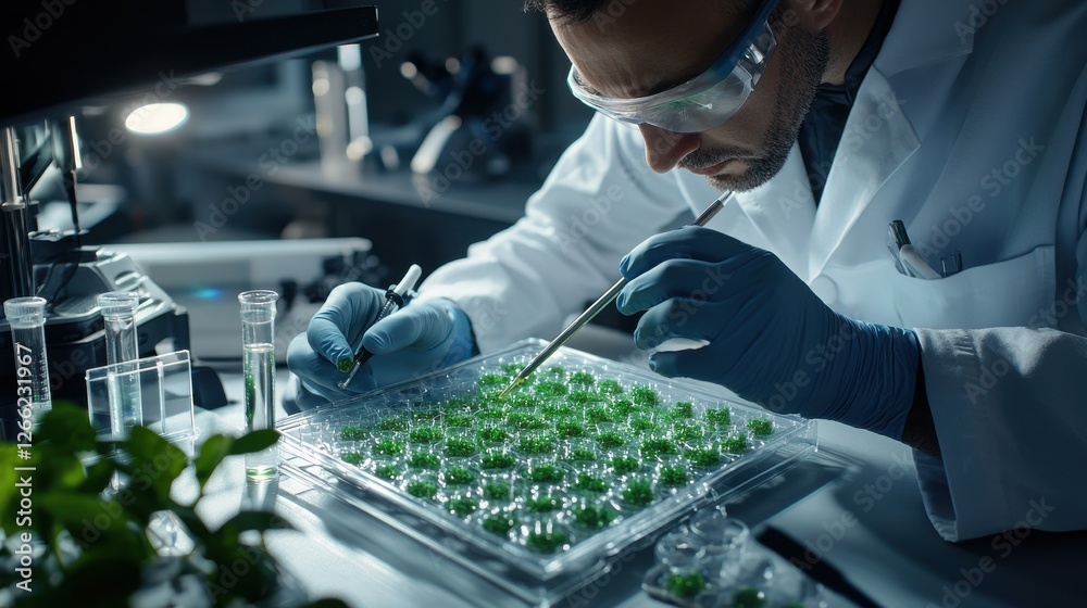 Aufkleber a man in a lab coat is working on a project with green plants