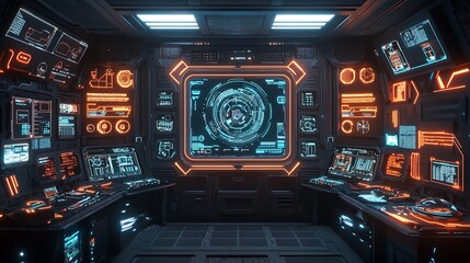 Obraz premium Futuristic Control Room with Neon Displays and High-Tech Interfaces