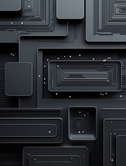 Futuristic black circuit board-inspired abstract 3D composition with geometric shapes and metallic accents, evoking advanced technology, modern design, and digital innovation.


