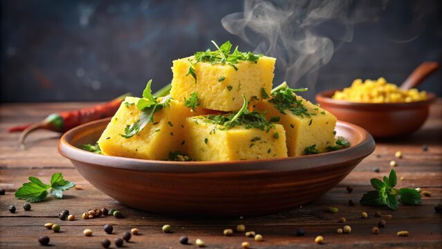 Steaming hot farali dhokla with a sprinkle of chopped fresh cilantro on top served in a small earthenware bowl