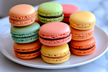 Obraz premium Assorted colorful macarons stacked on a white plate showcasing delicate French pastry craftsmanship