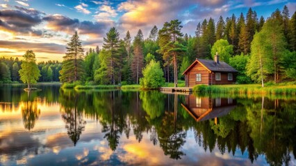 Cozy wooden cottage surrounded by lush greenery and tall trees, with a serene lake reflecting the vibrant colors of the sky in rural Finland landscape , wooden, lake