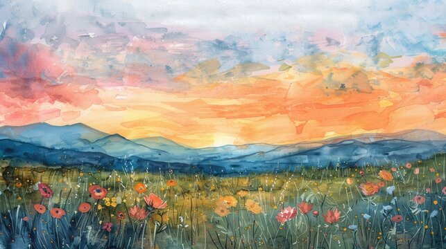Serene Landscape with Colorful Flowers and Vibrant Sunset Sky