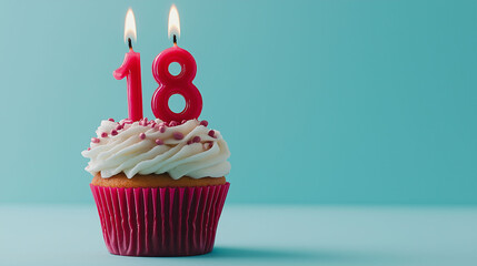 Birthday cupcake to celebrate an 18th birthday or anniversary, with red candles, white frosting and red sprinkles, light blue background
