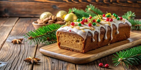 Traditional European-style gingerbread cake with colorful icing and sprigs of fresh ginger on a wooden table