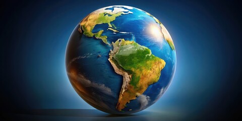 Fototapeta premium A realistic rendering of the Earth globe with a focus on South America is centered on the continent's unique geography and climate , Geographical Features, Equatorial Region