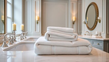 Neatly Folded Bath Towels and Elegant Décor in a Serene Bathroom