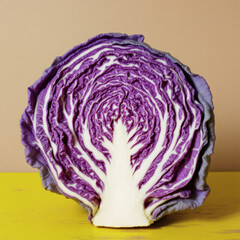 Obraz premium A striking image of a fresh, dense purple cabbage placed on a rustic yellow wooden table against a neutral beige background. Perfect for health, food, and organic themes.