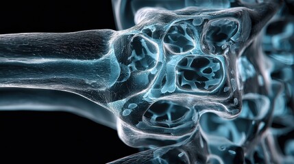 A close up of a bone with a blue and green color scheme