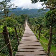 Obraz premium Wooden Suspension Bridge in Lush Rainforest Leading to Mountains
